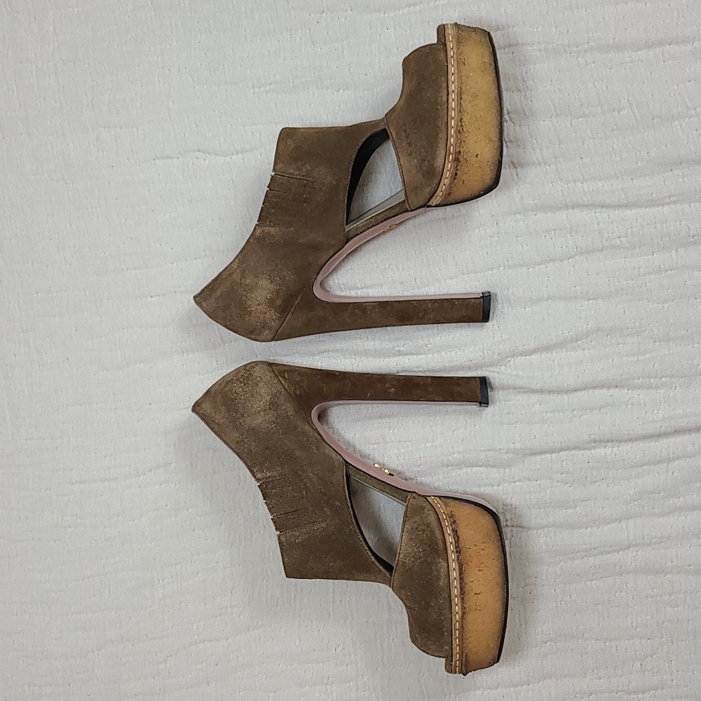 Prada Sigaro Suede Peep Toe Platform Heels - Picture 4 of 16
